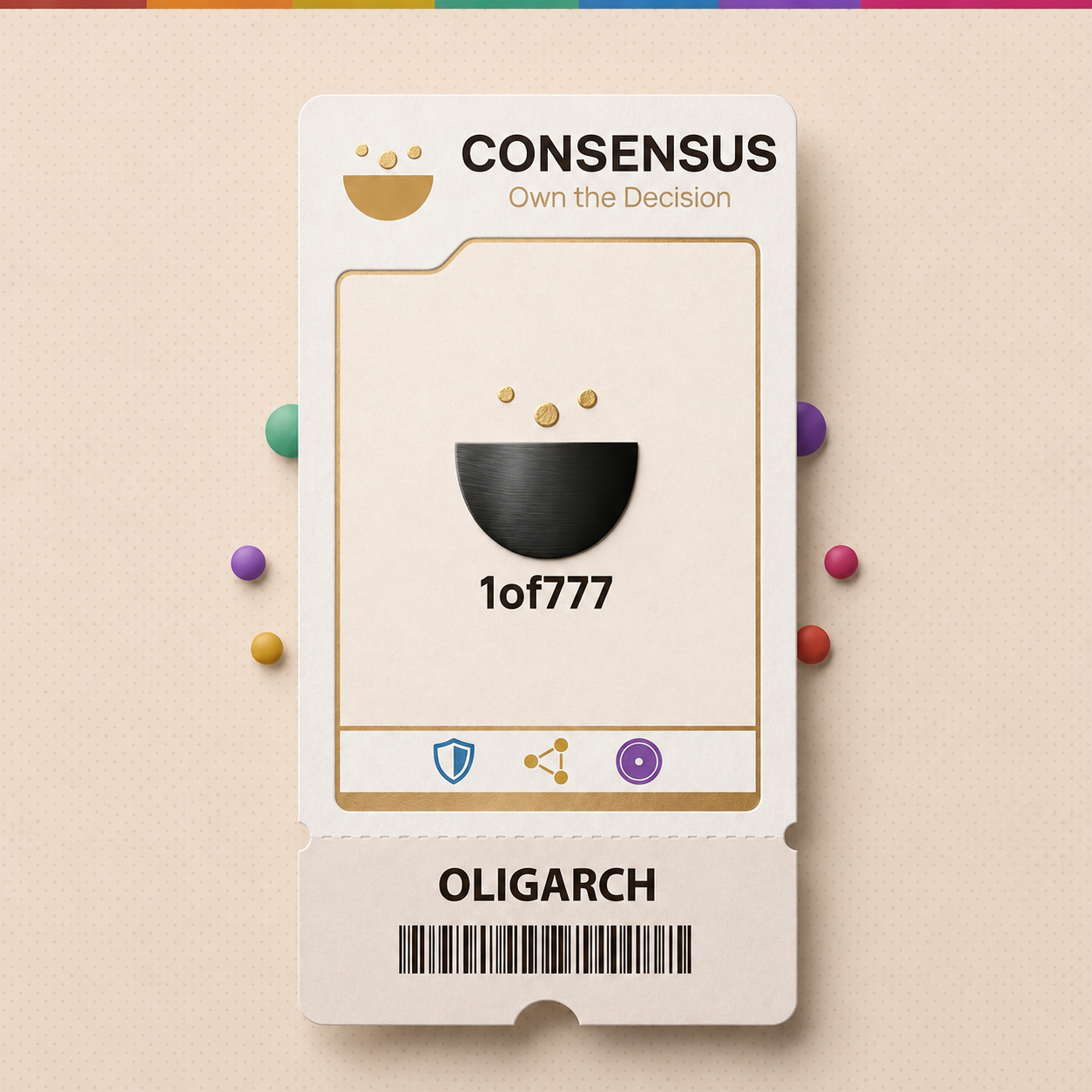 CONSENSUS Oligarch NFT: a cream and gold ticket with the black coupe emblem and 1of777 inscription.